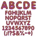 Yellow and purple alphabet, letters, numbers and signs from round layers. Set of color vector isolated objects.